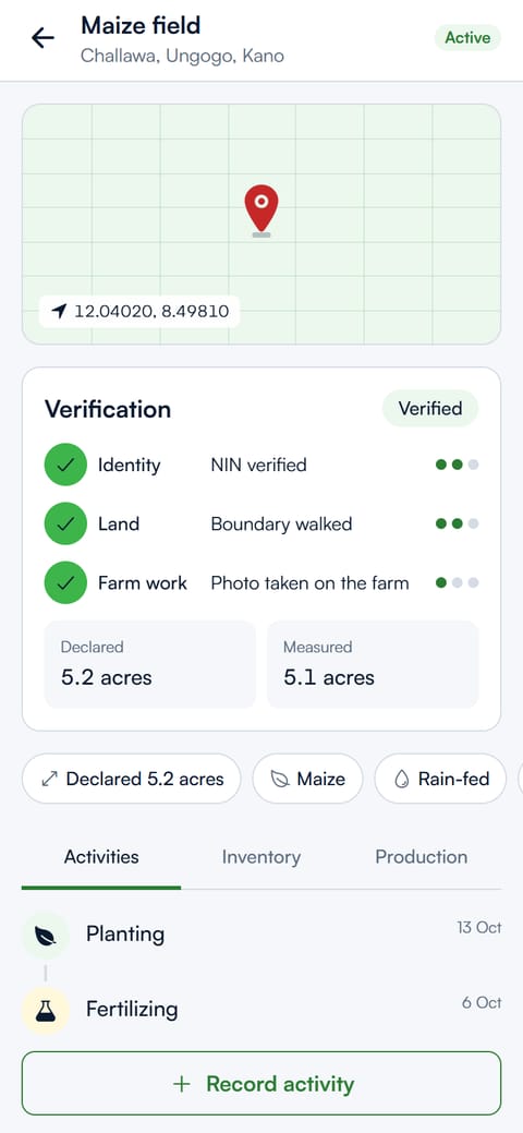 A farm with its map pin, verification levels and declared and measured area