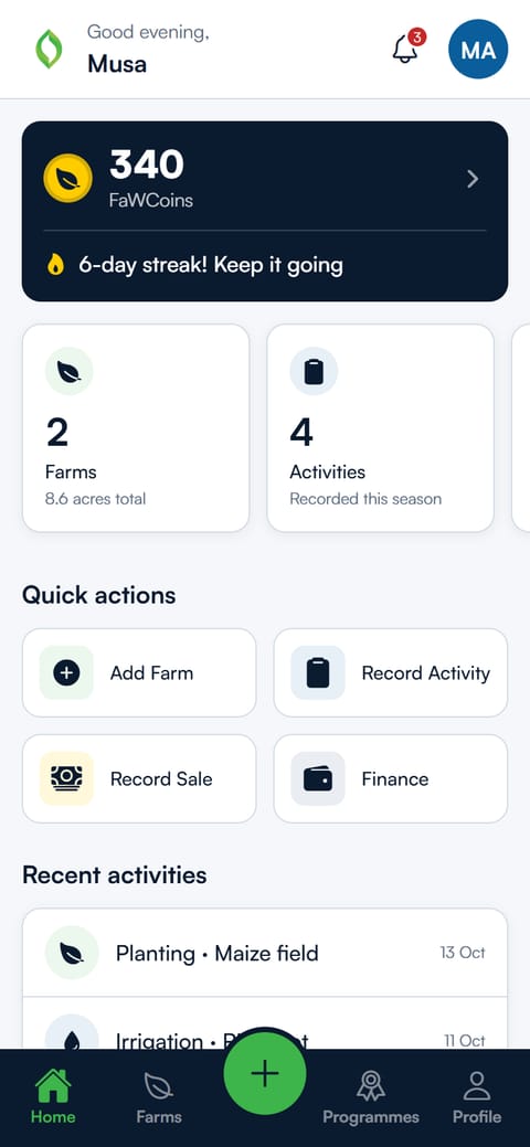 The FaWCOS farmer app home screen